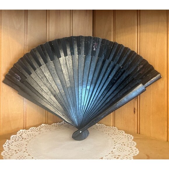 Vintage Black Handheld Wooden Black Folding Fan Hand Painted Floral Pink Roses - Picture 2 of 8